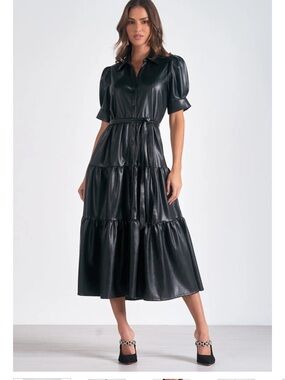 Faux Leather Black Tiered Midi Shirt Dress - Women's